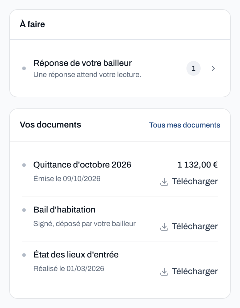 L'espace d'un locataire sur un téléphone : la réponse de son bailleur à lire, puis sa dernière quittance, son bail et son état des lieux d'entrée à télécharger