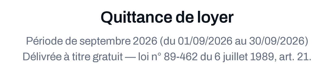 Quittance de loyer de septembre 2026, délivrée à titre gratuit selon l'article 21 de la loi du 6 juillet 1989