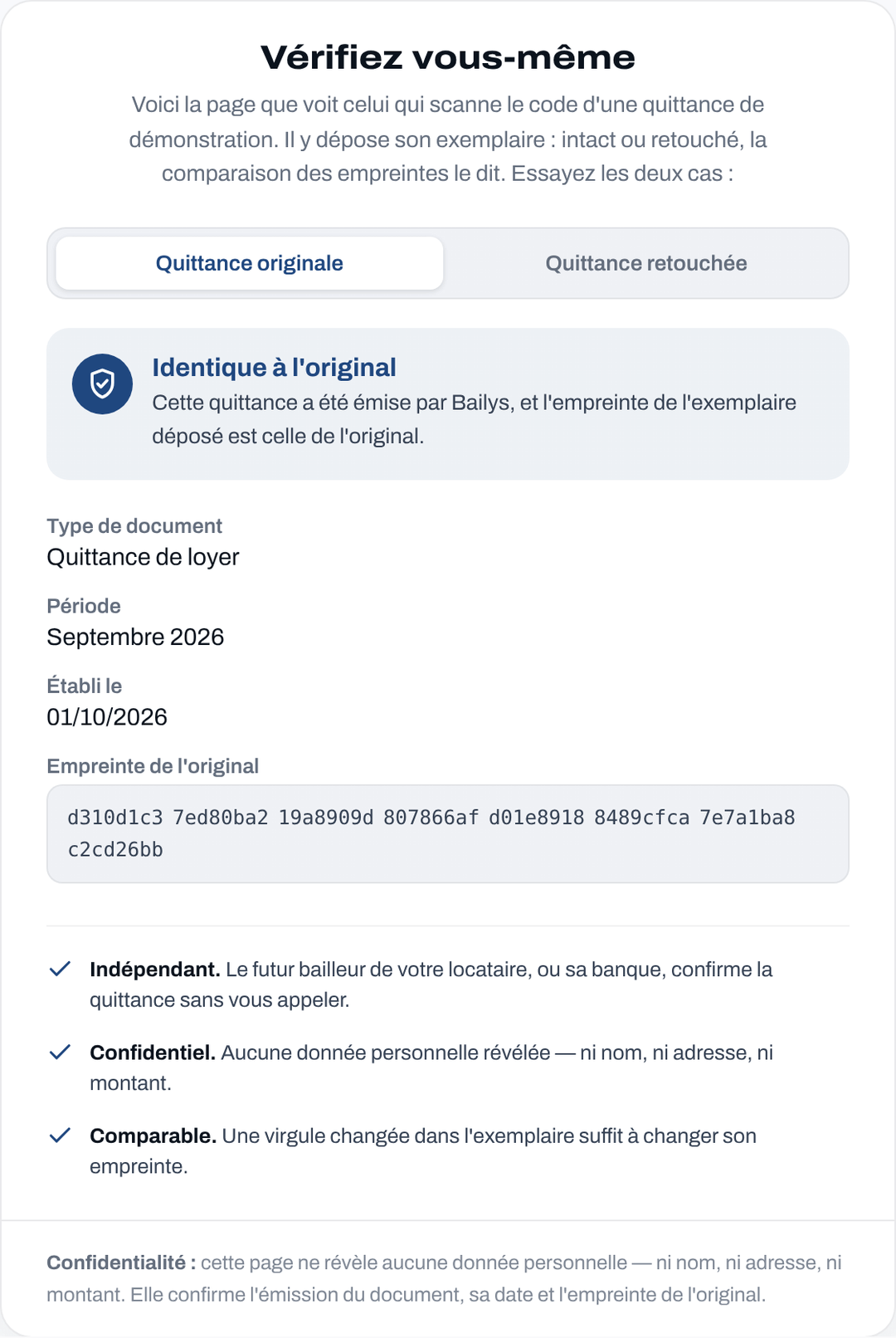 La page publique de vérification : verdict « Authentique », type de document, période, date d'émission et empreinte SHA-256