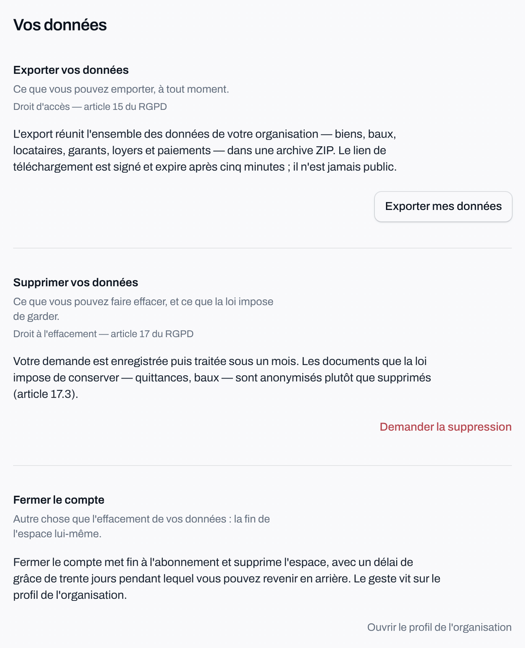 La page « Vos données » : exporter ses données, demander la suppression, fermer le compte
